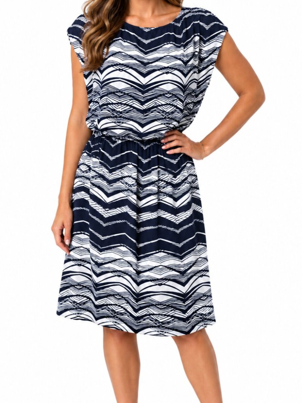 Valerie Bertinelli Navy & White Geometric Blouson Midi Dress Casual Nautical 10